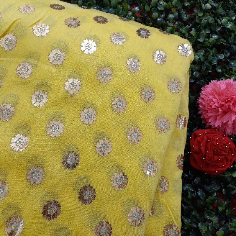 Yellow Color Foil Printed Chanderi Fabric