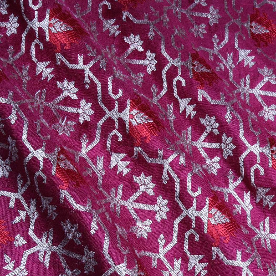 Magenta Purple Color Silk Fabric With Floral Design