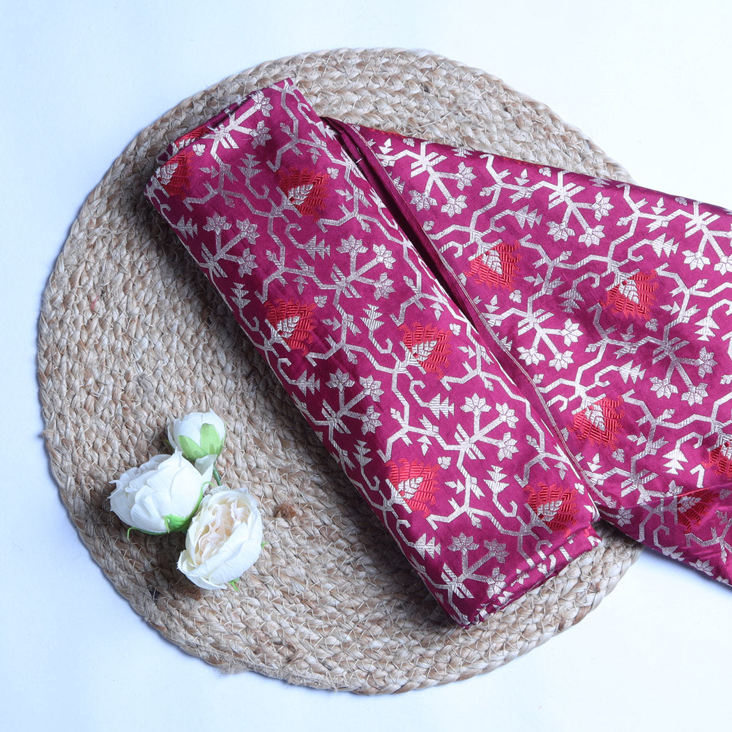 Magenta Purple Color Silk Fabric With Floral Design