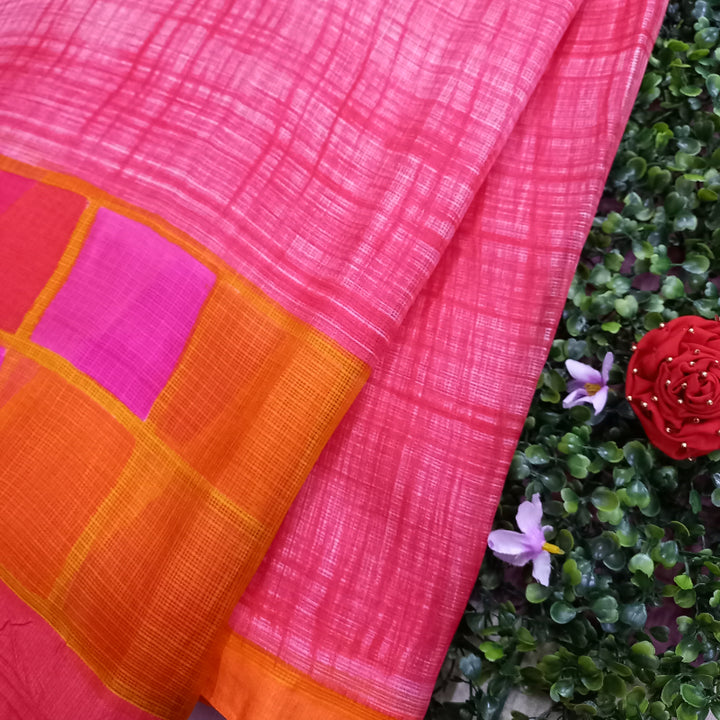 Pink Color Checks Printed Kota Silk Fabric