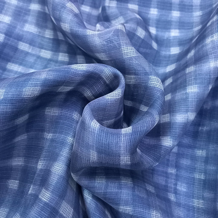 Stone Blue Color Checks Printed Kota Silk Fabric