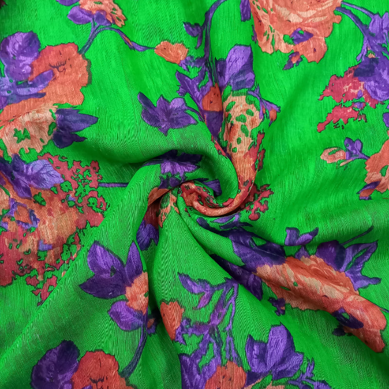 Forest Green Color Floral Printed Matka Silk Fabric