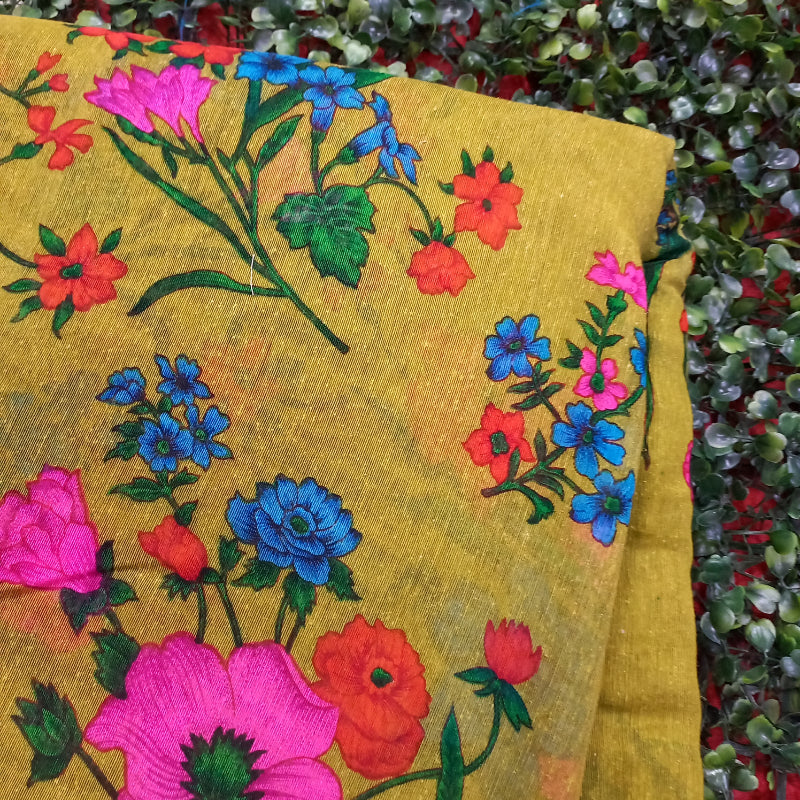 Tuscan Sun Yellow Color Floral Printed Linen Fabric