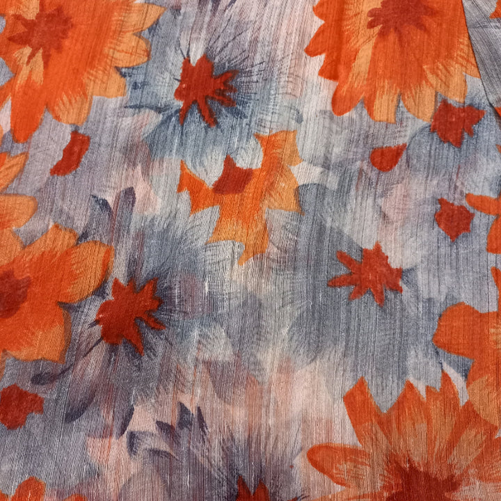 Grey Color Floral Printed Linen Fabric