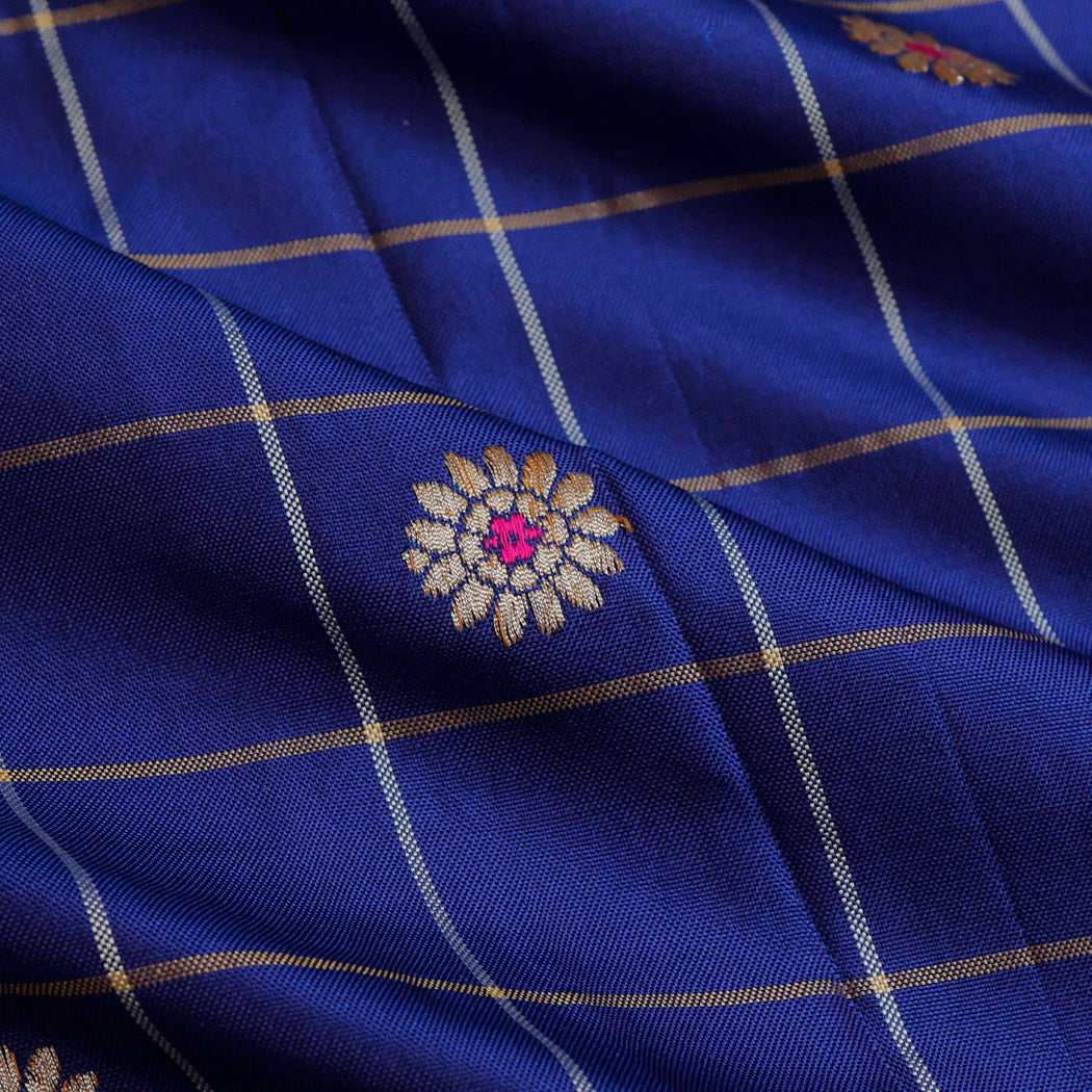 Dark Blue Color Silk Fabric With Floral Buttis In Checks Pattern