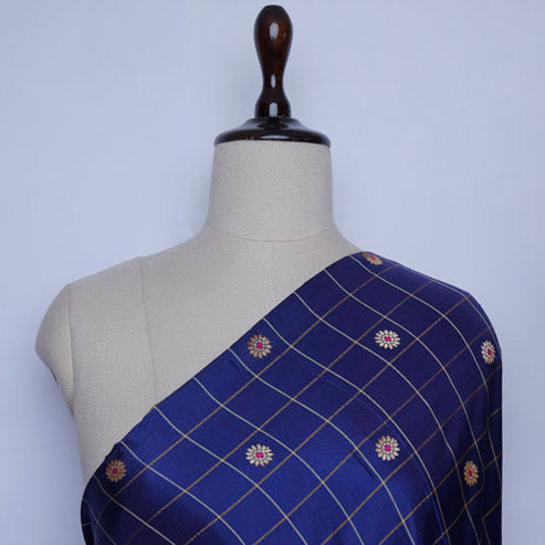 Dark Blue Color Silk Fabric With Floral Buttis In Checks Pattern