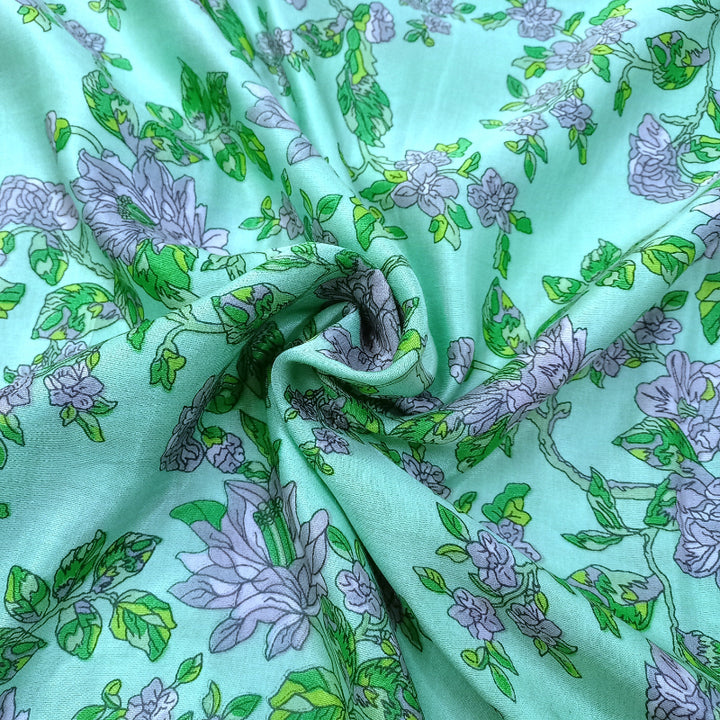 Turquoise Blue Color Floral jaal Printed Cotton Satin Fabric