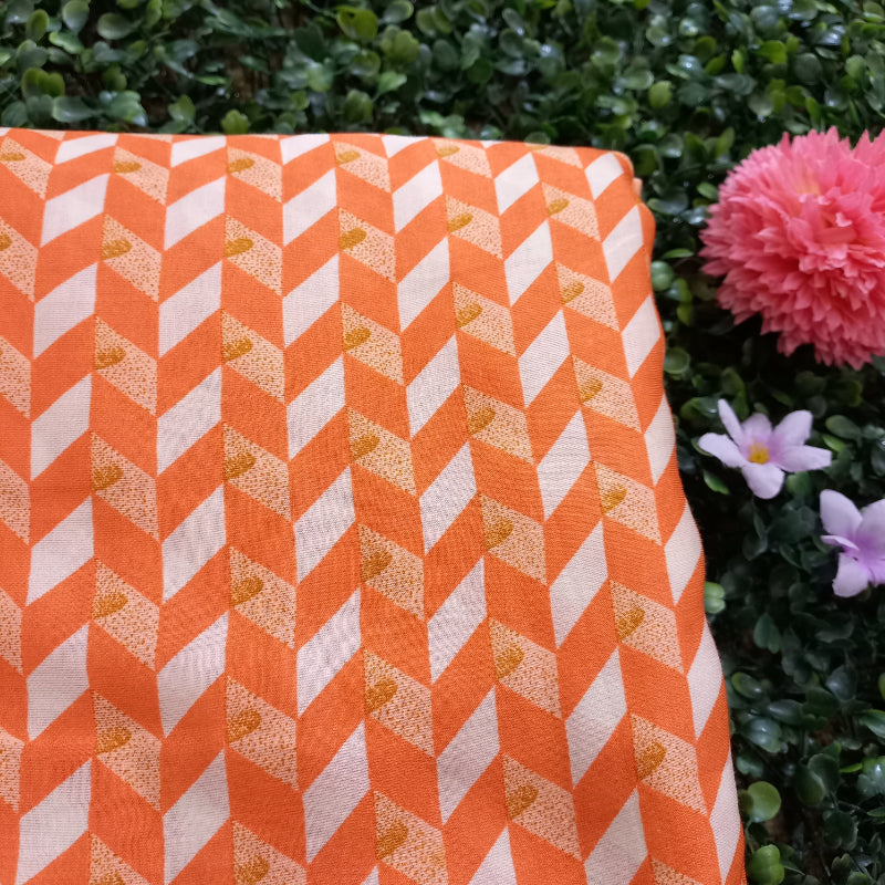 Orange Color Printed Cotton Satin Fabric