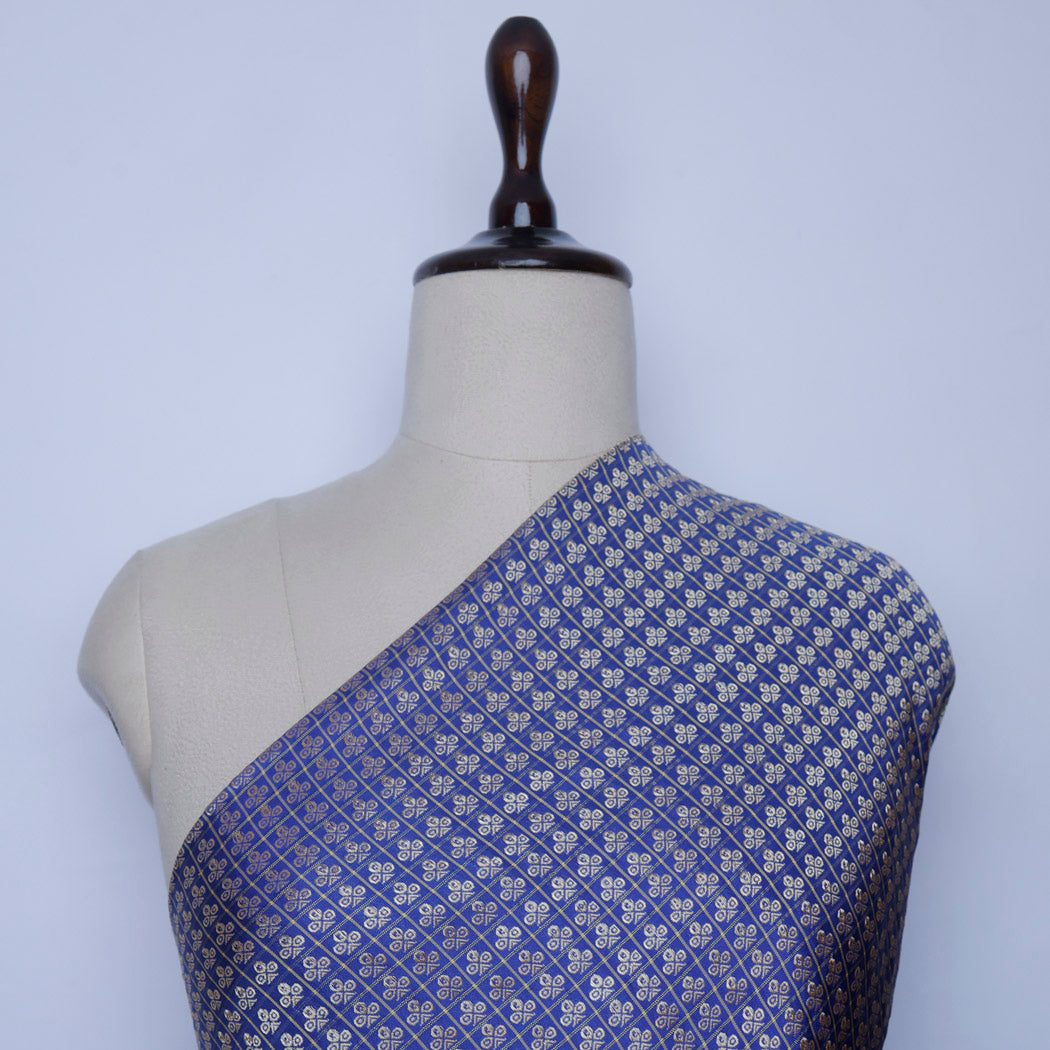 Dark Blue Color Silk Fabric With Floral Buttis In Checks Pattern