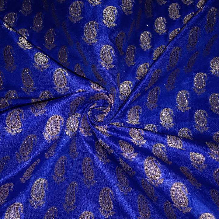 Royal Blue Color Mango Motif with Floral Butas Banarasi Fabric