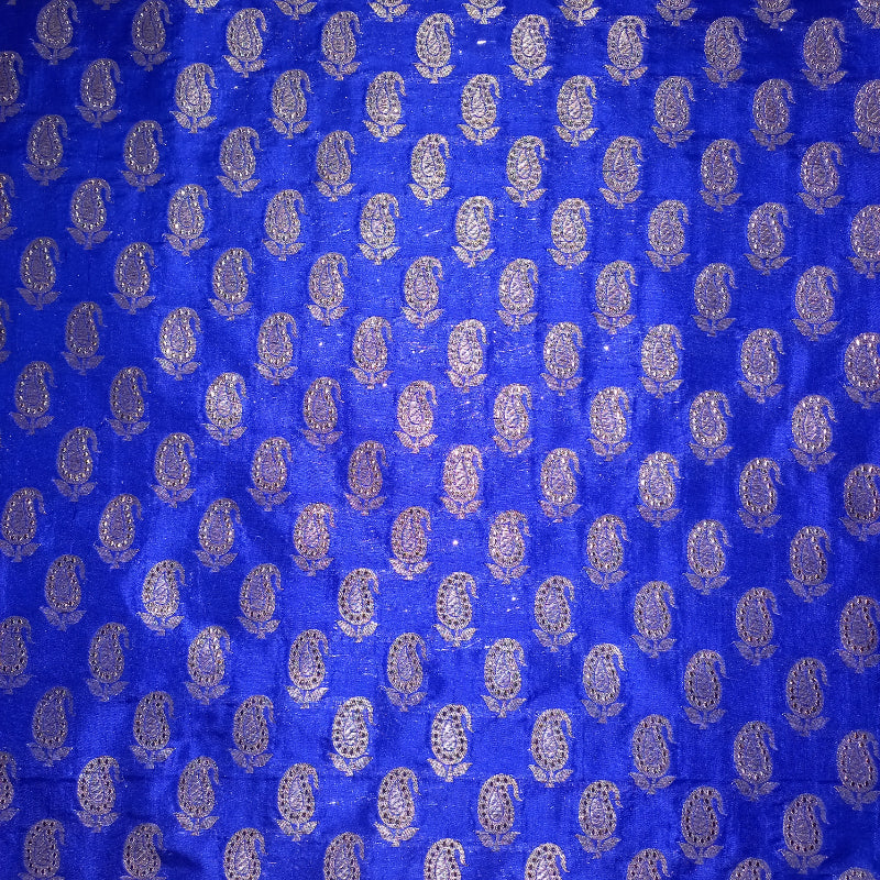 Royal Blue Color Mango Motif with Floral Butas Banarasi Fabric