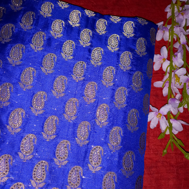 Royal Blue Color Mango Motif with Floral Butas Banarasi Fabric