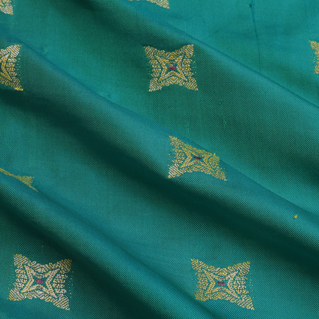 Emerald Green Color Silk Fabric With Floral Star Buttis
