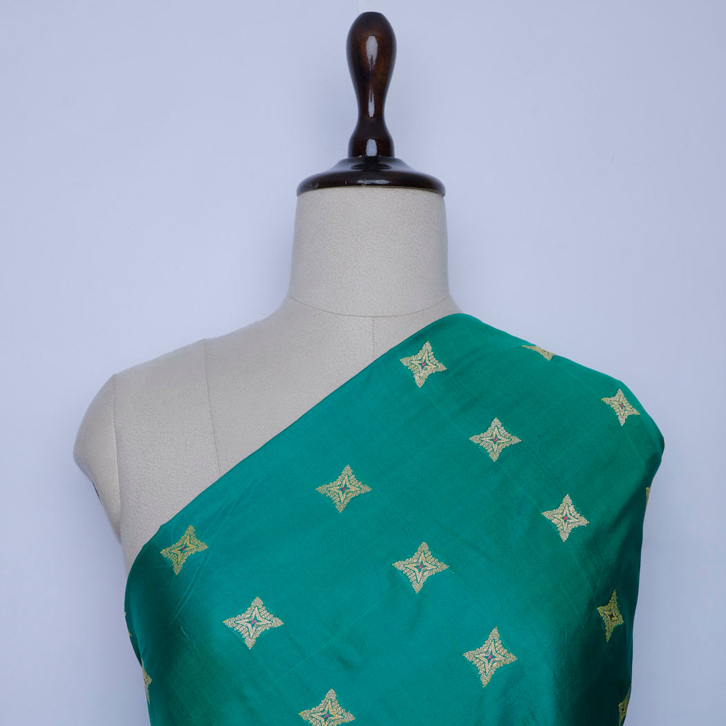 Emerald Green Color Silk Fabric With Floral Star Buttis