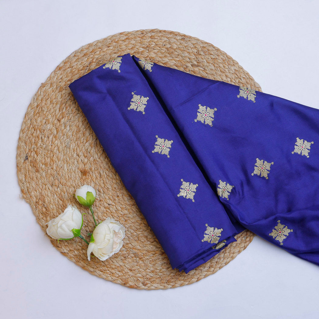 Dark Blue Color Silk Fabric With Floral Buttis