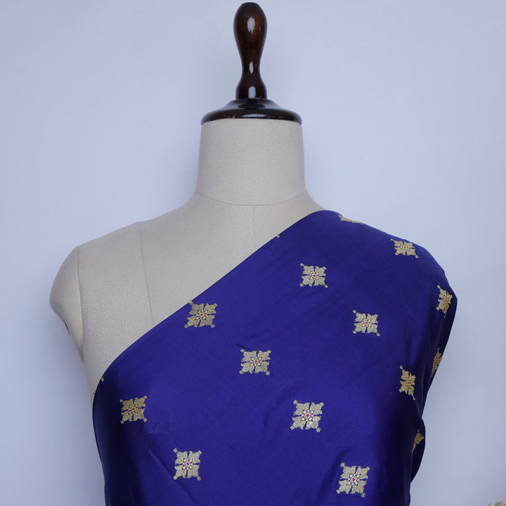 Dark Blue Color Silk Fabric With Floral Buttis