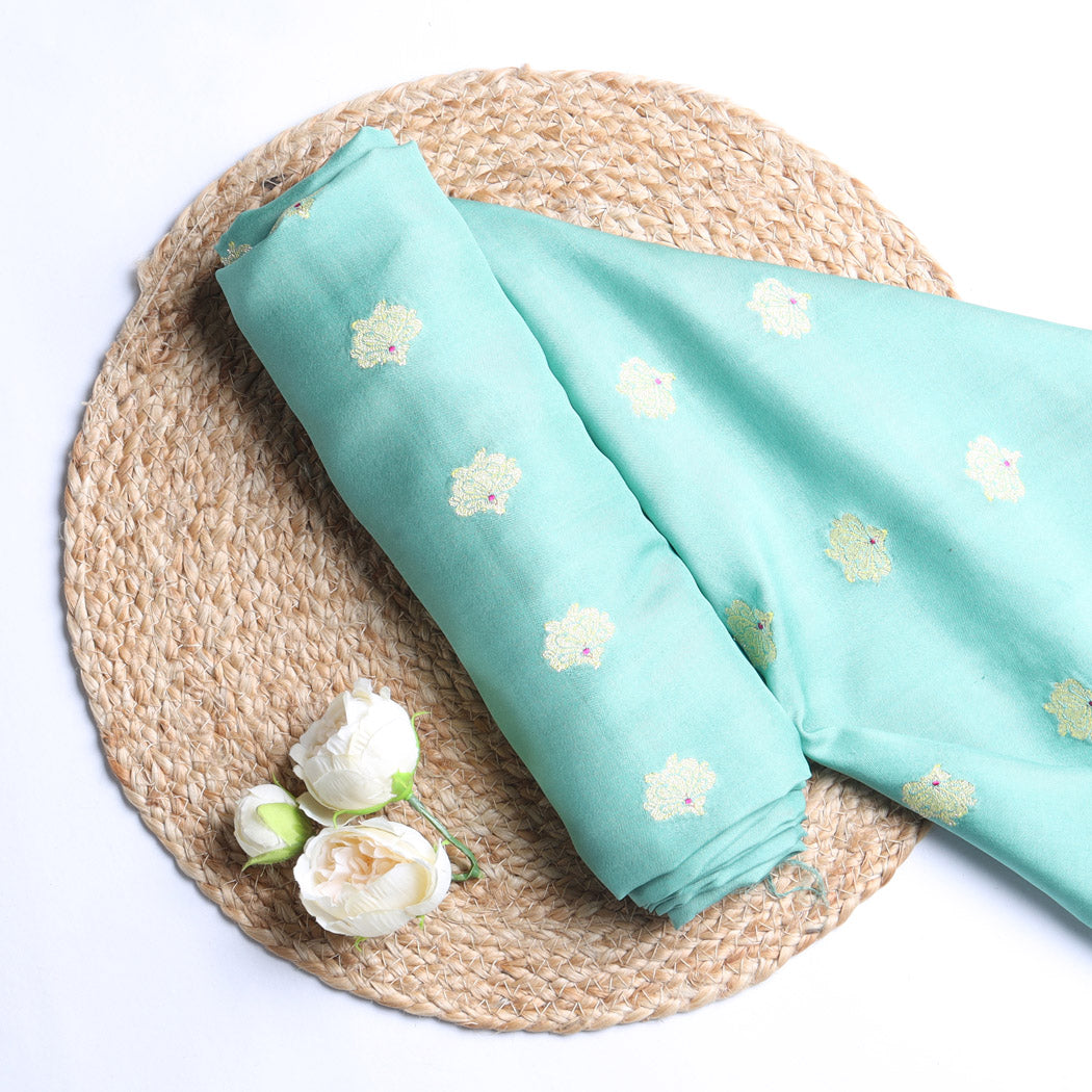 Pastel Seafoam Green Color Silk Fabric With Floral Buttis