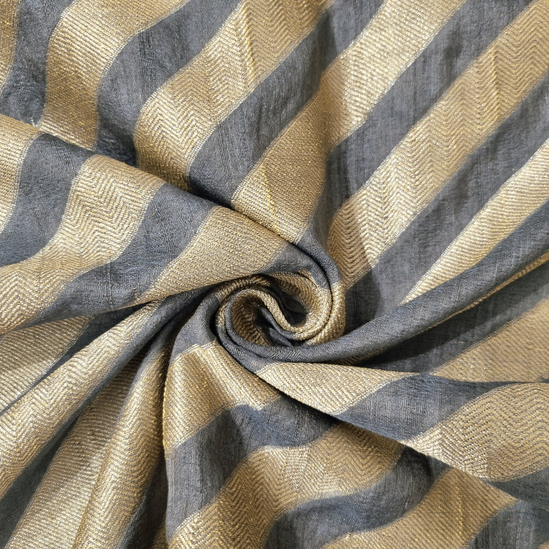 Stone Grey And Gold Striped Brocade Silk Fabric