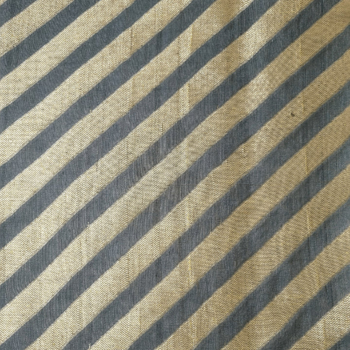 Stone Grey And Gold Striped Brocade Silk Fabric