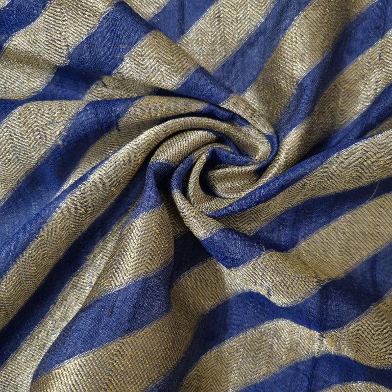 Neelam Ink Blue And Gold Striped Brocade Silk Fabric