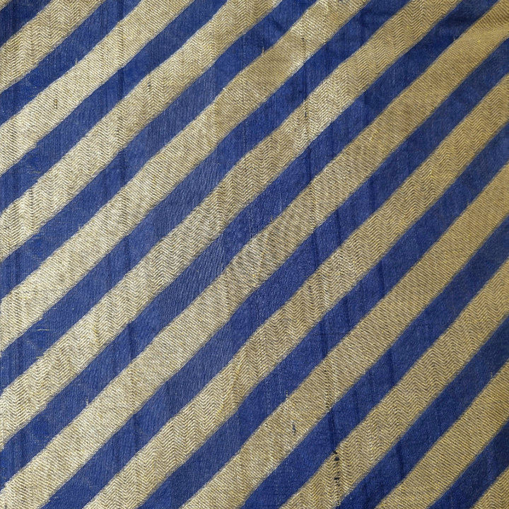 Neelam Ink Blue And Gold Striped Brocade Silk Fabric
