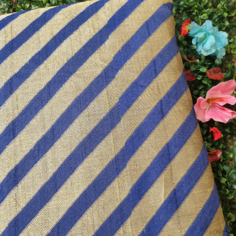 Neelam Ink Blue And Gold Striped Brocade Silk Fabric