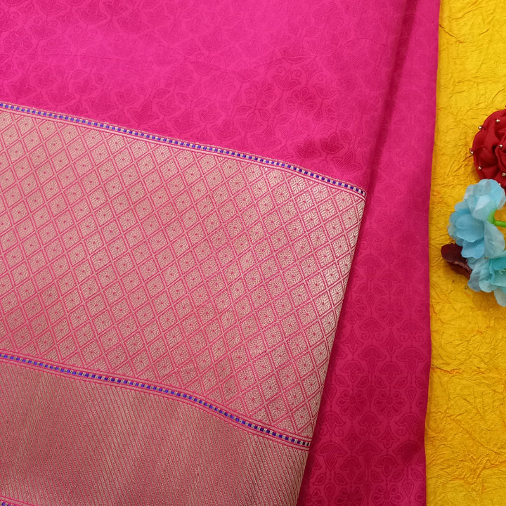 Ruby Pink Color Jamawar Fabric with Golden Borders
