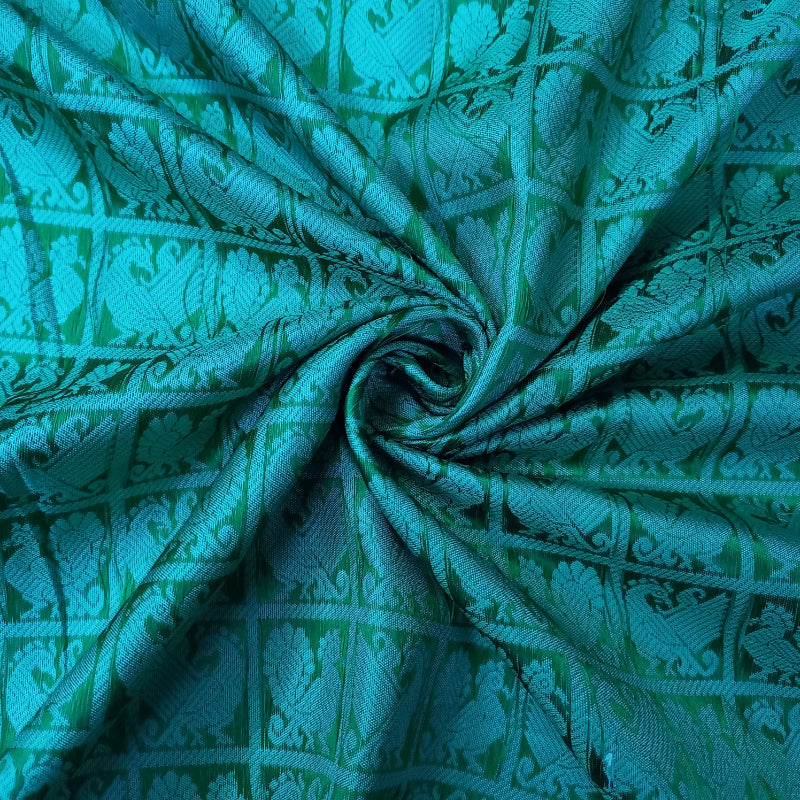 Teal Green Color Jamawar Fabric with Peacock Motifs