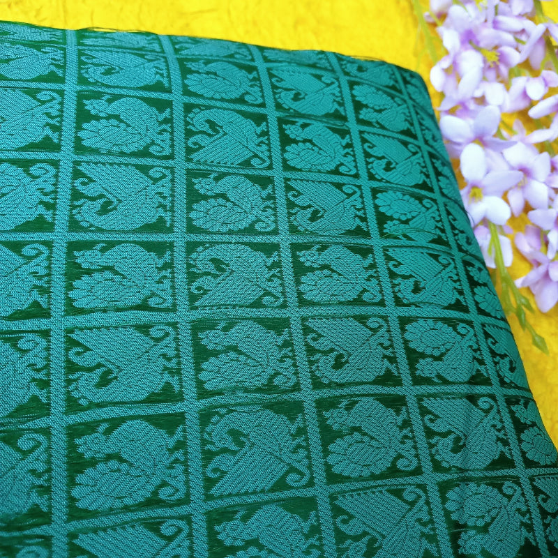 Teal Green Color Jamawar Fabric with Peacock Motifs