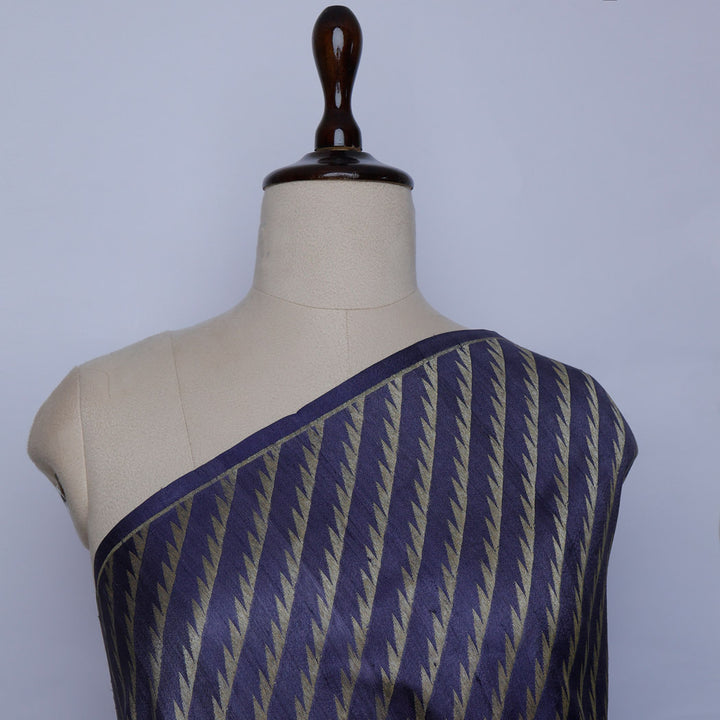 Dark Blue Color Tussar Fabric With Stripes Pattern