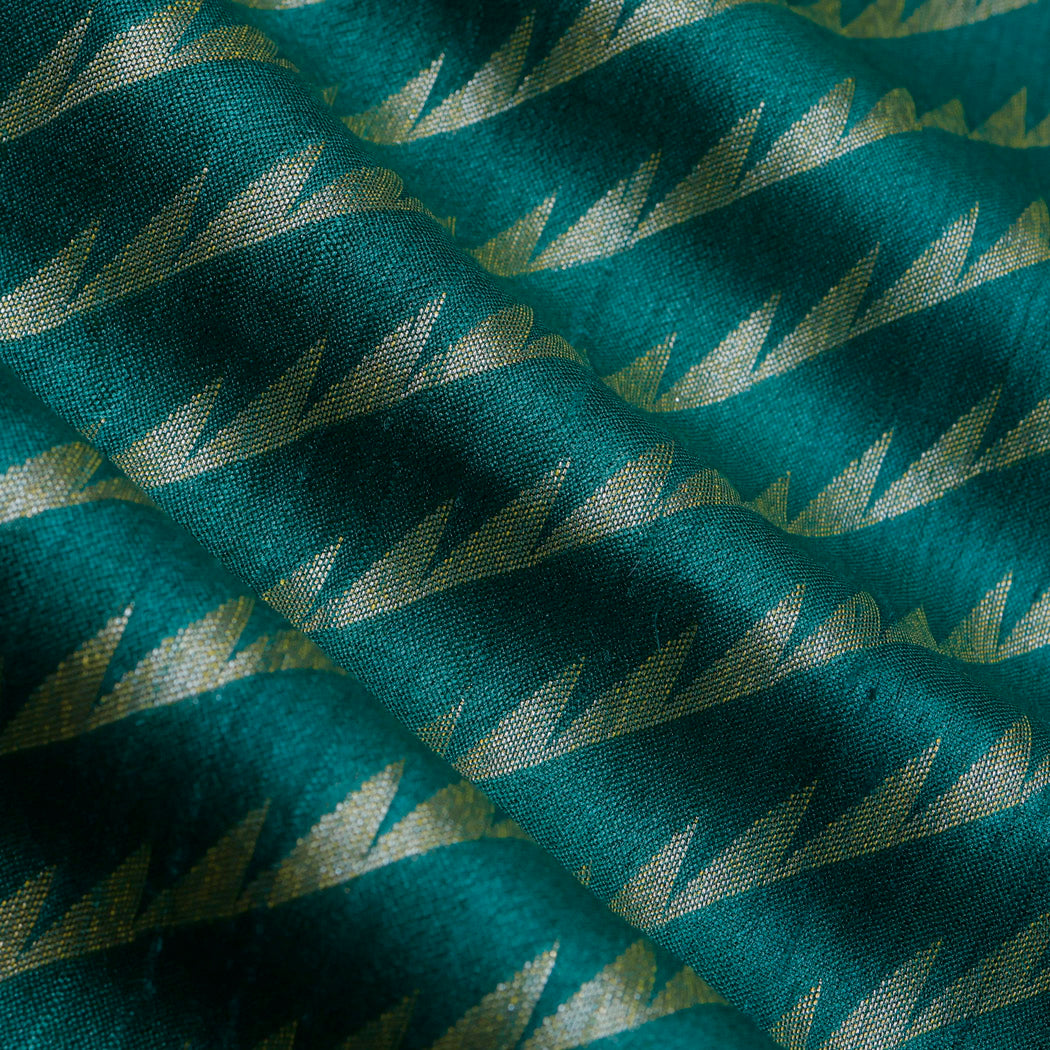 Teal Green Color Tussar Fabric With Stripes Pattern