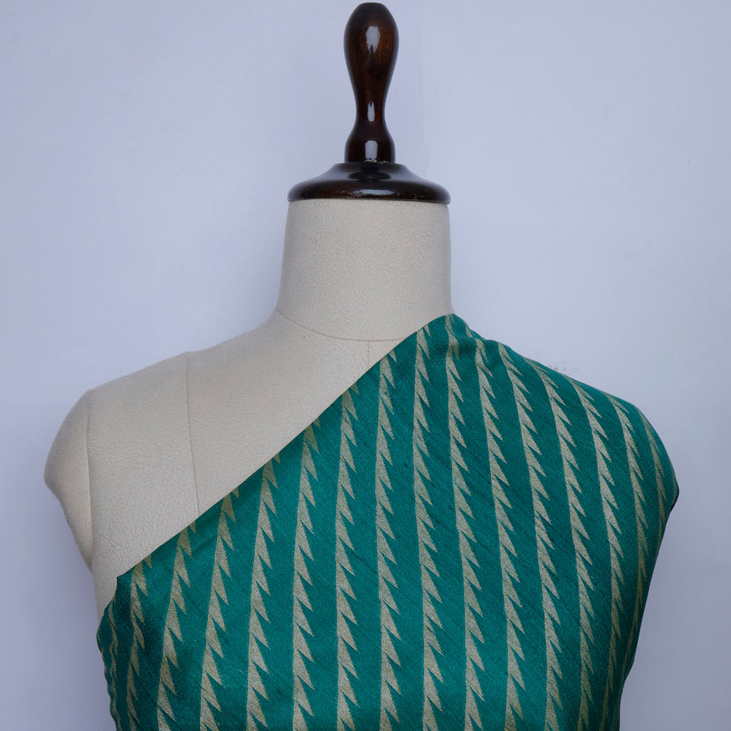 Teal Green Color Tussar Fabric With Stripes Pattern