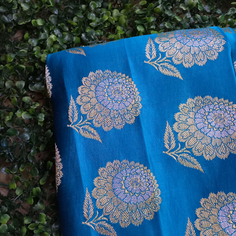 Turquoise Blue Colour Gaji Silk Fabric Wih Floral Buttas