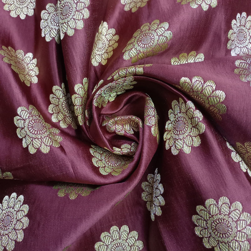 Deep Maroon Colour Gaji Silk Fabric With Floral Buttas