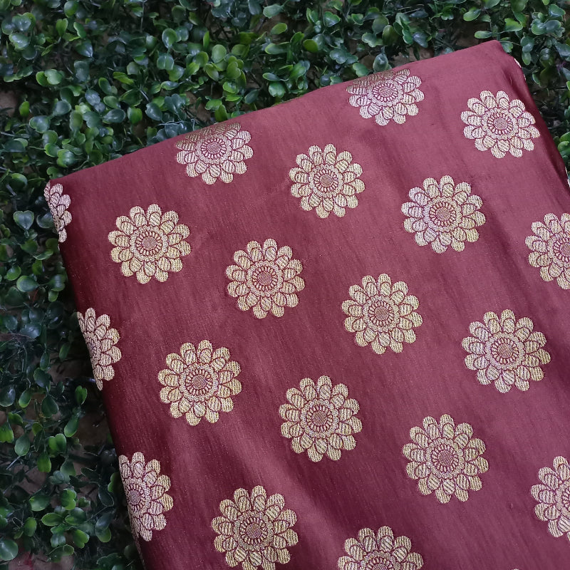 Deep Maroon Colour Gaji Silk Fabric With Floral Buttas