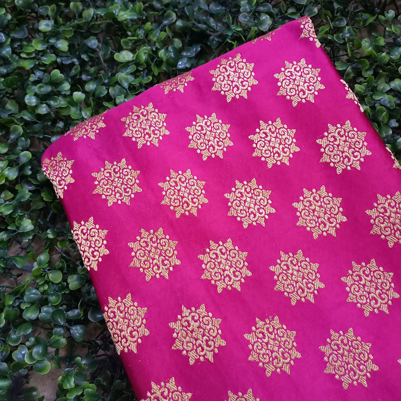 Deep Rani Pink Color Mushroom Silk Fabric  With Floral Buttas