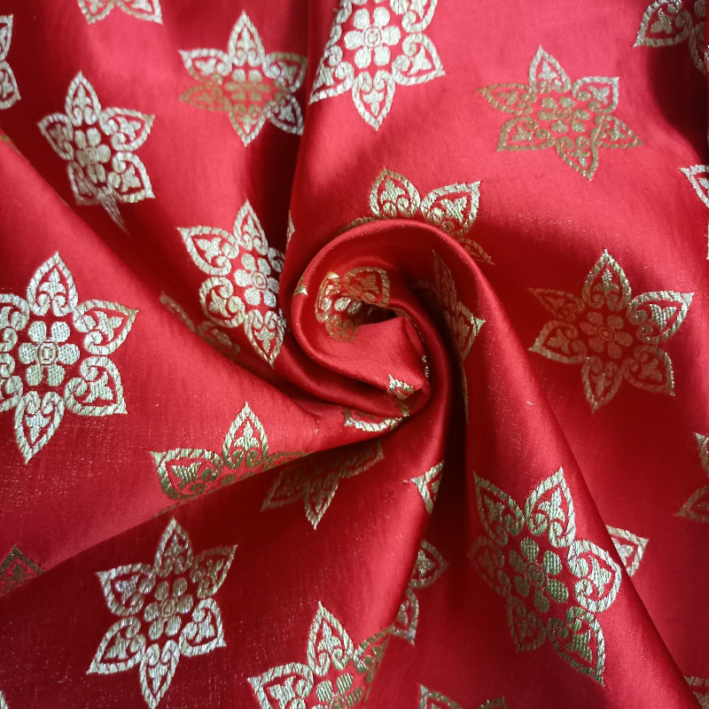 Bright Red Colour Gaji Silk Fabric With Floral Buttas
