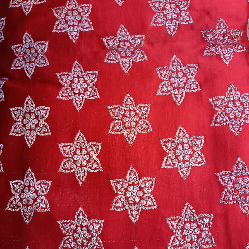 Bright Red Colour Gaji Silk Fabric With Floral Buttas