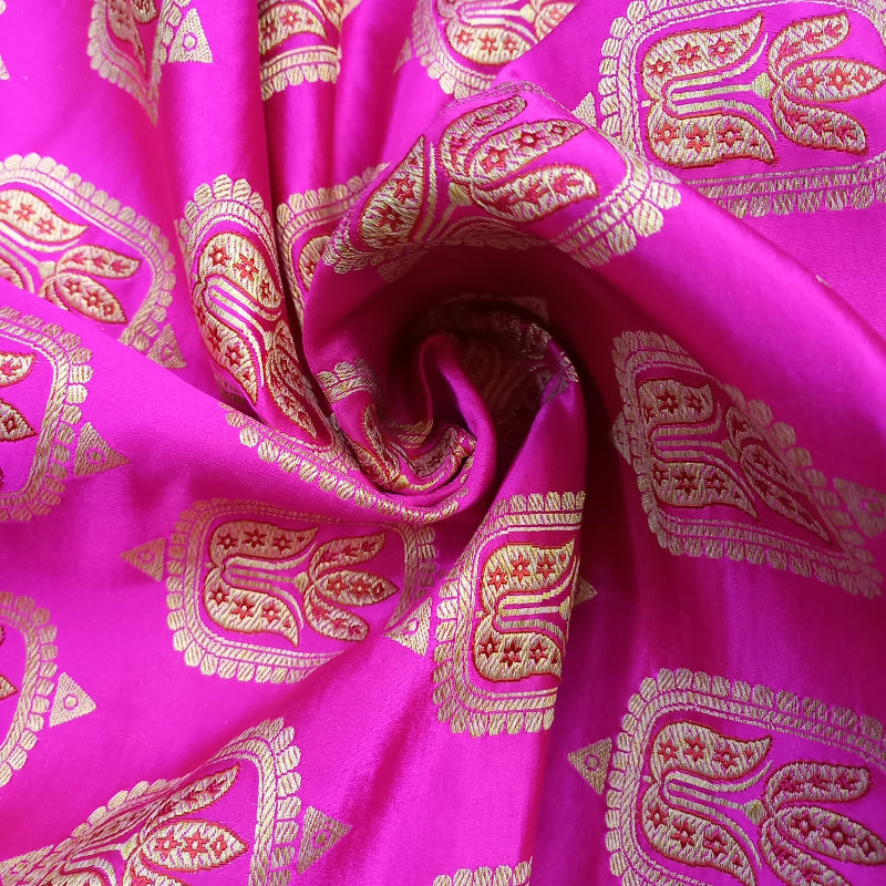 Neon Pink Colour Mushroom Silk Fabric With Geometric Buttas