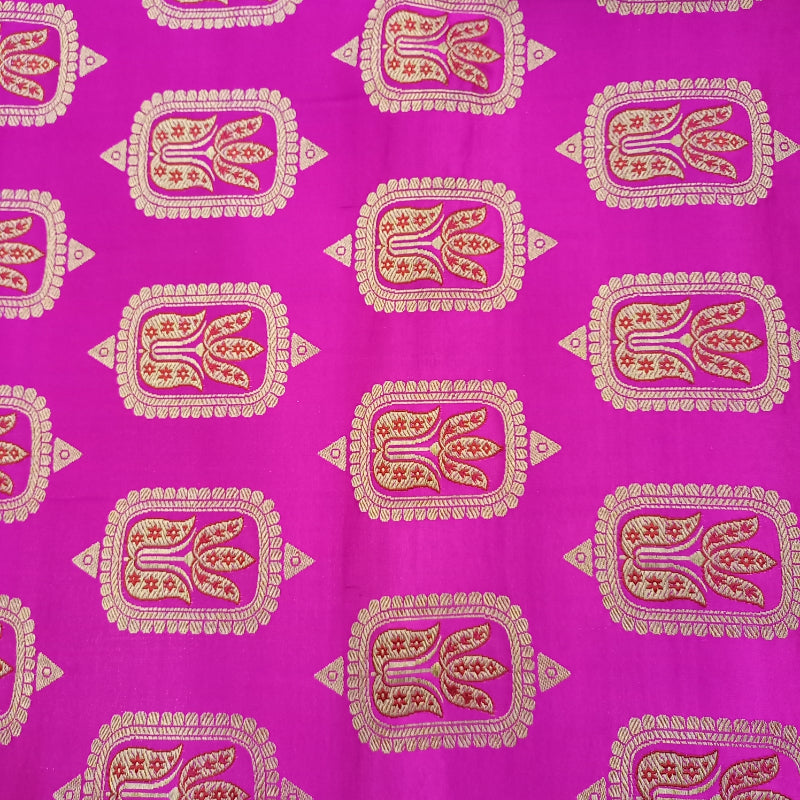 Neon Pink Colour Mushroom Silk Fabric With Geometric Buttas
