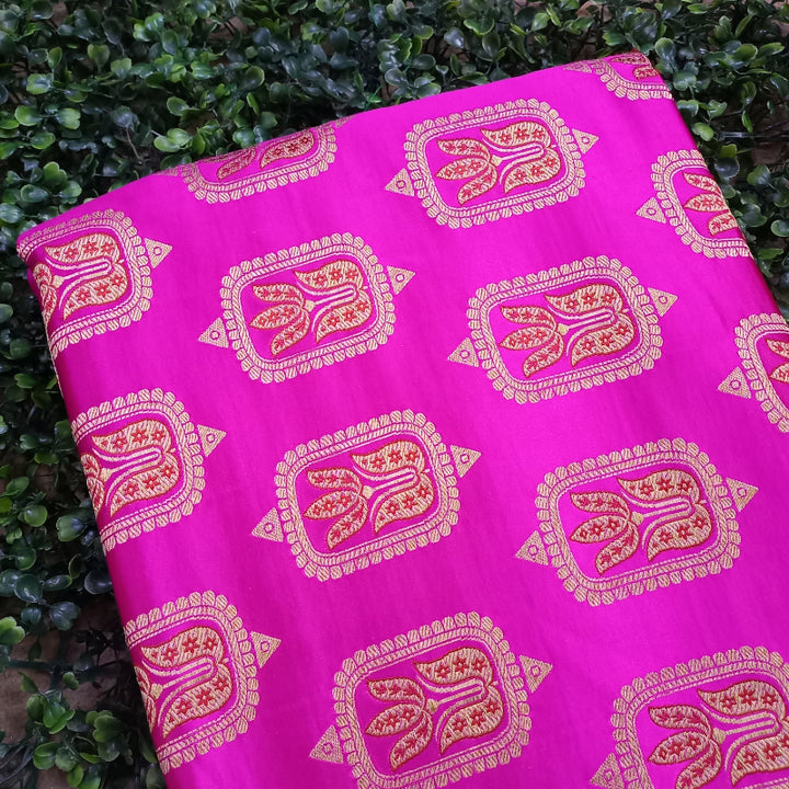 Neon Pink Colour Mushroom Silk Fabric With Geometric Buttas