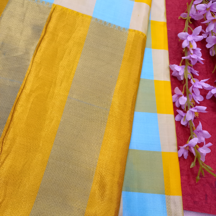 Shades Of Blue And Yellow Kanjivaram Pattu Fabric