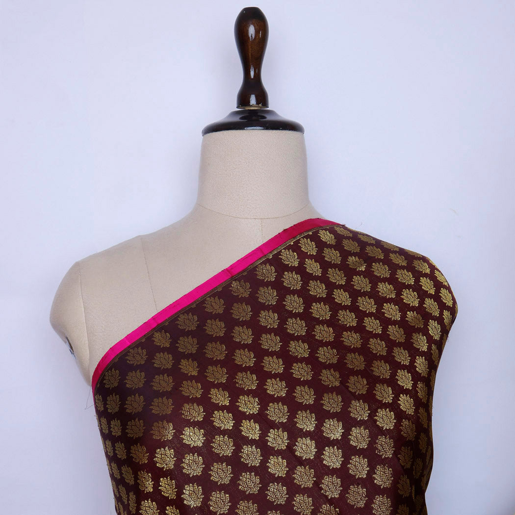 Brown Color Silk Fabric With Floral Buttis