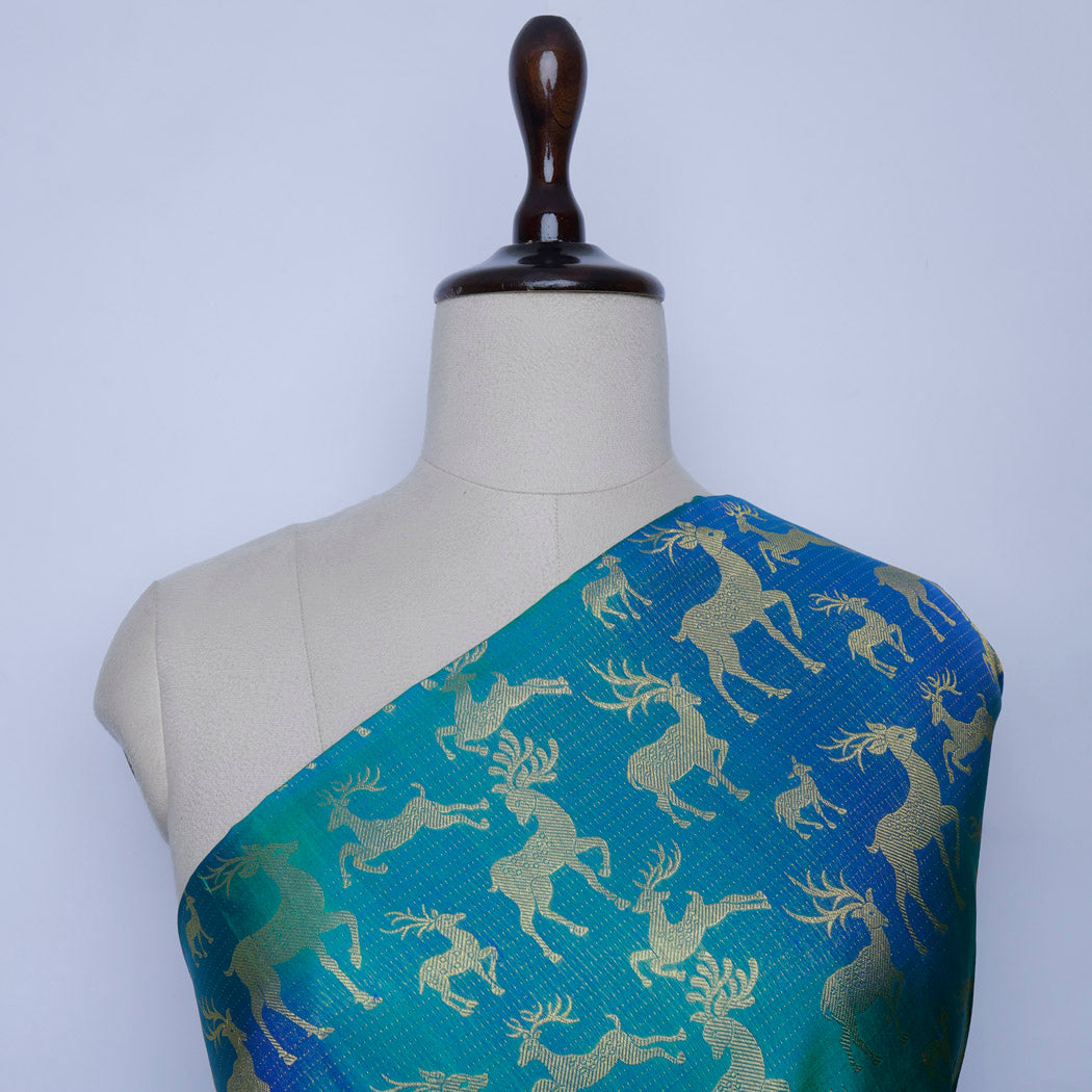 Blue Color Silk Fabric With Deer Motifs