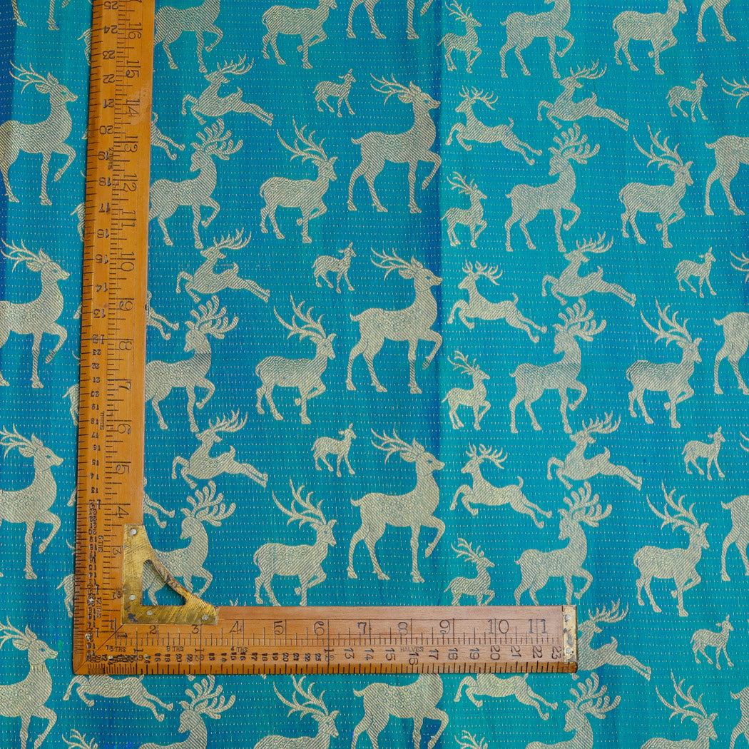 Blue Color Silk Fabric With Deer Motifs