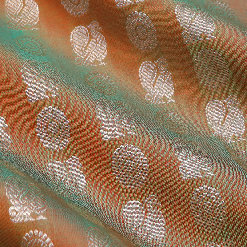 Green Orange Color Silk Fabric With Floral And Mayil Buttis