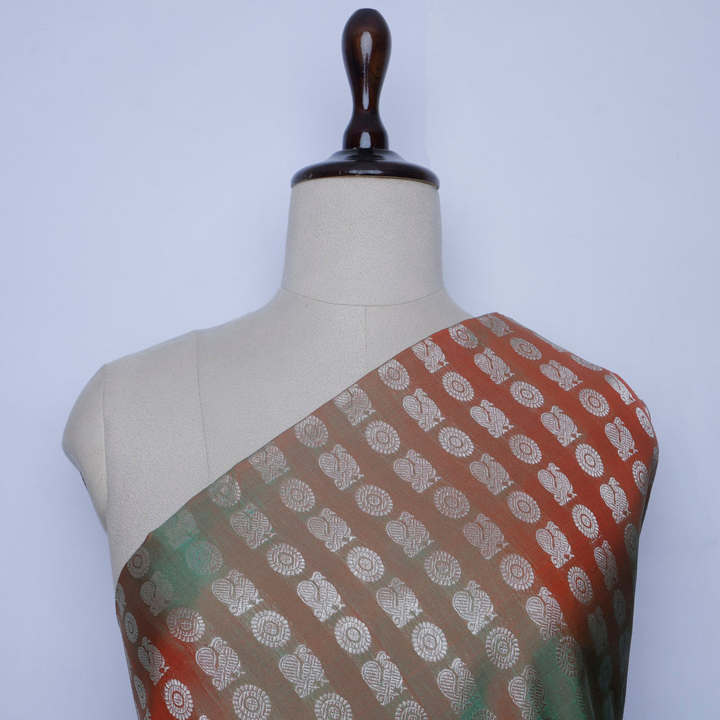 Green Orange Color Silk Fabric With Floral And Mayil Buttis