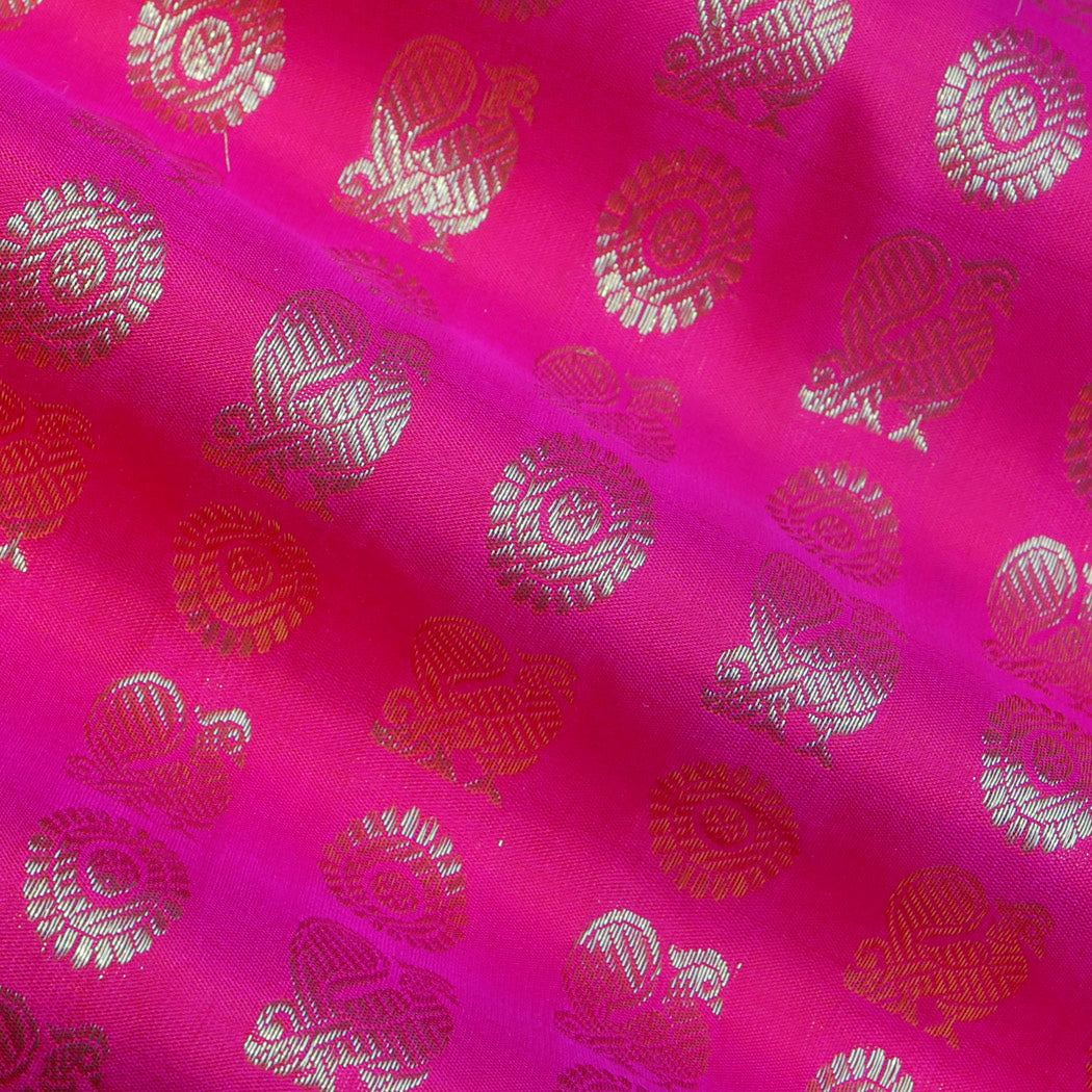 Bright Pink Color Silk Fabric With Floral And Mayil Buttis