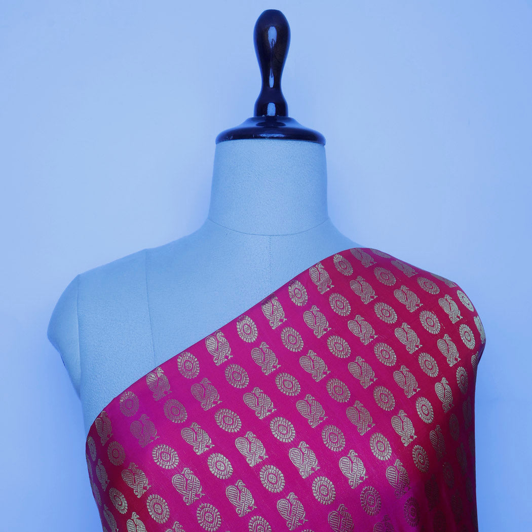 Bright Pink Color Silk Fabric With Floral And Mayil Buttis