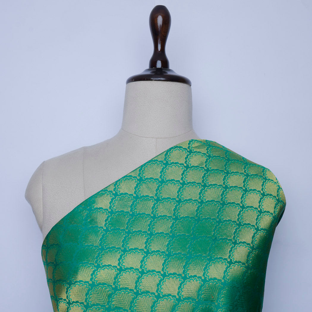 Green Color Silk Fabric With Floral Motifs Pattern